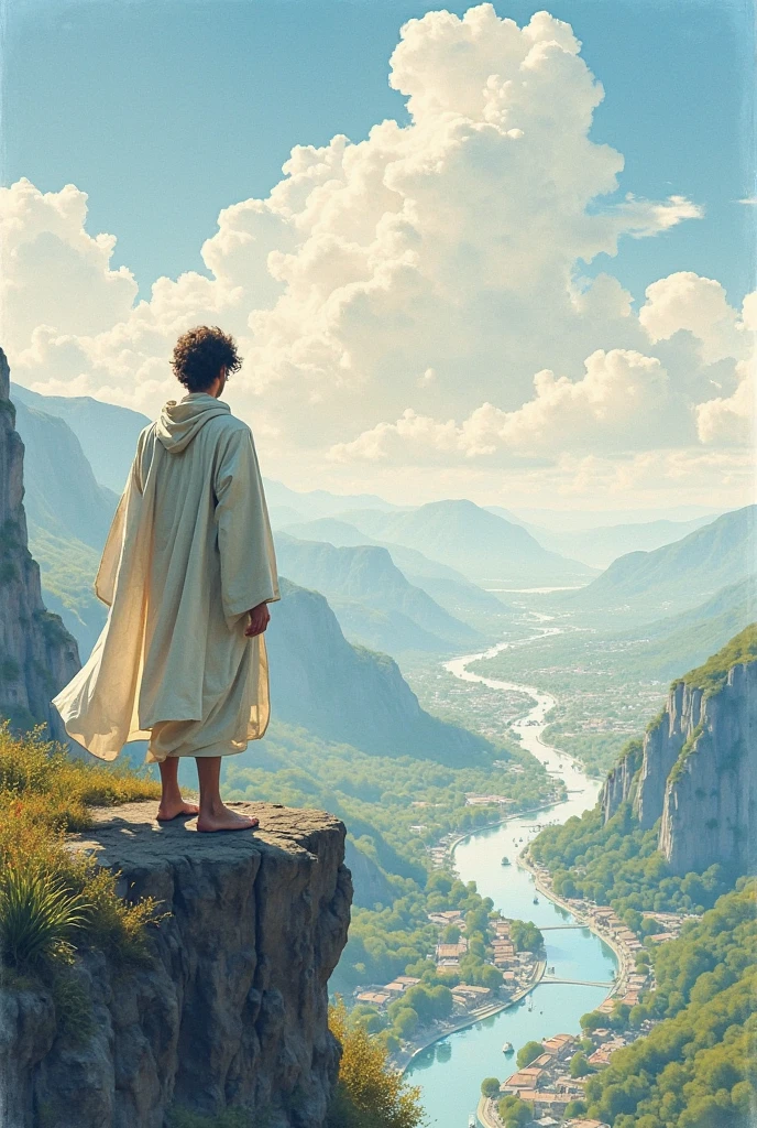 Create a watercolor flux-style image of a man that symbolizes the short-haired Jesus atop a rocky outcrop, contemplating a vast landscape in the watercolor flow style. Dressed in a flowing robe with flowing sleeves,  stands with his back to the observer , suggesting a moment of contemplation or destiny. Below a city and a meandering river reflecting the sky . 