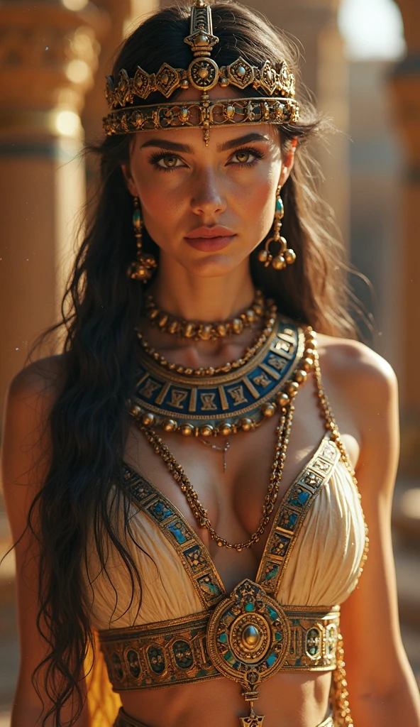 (best quality,4k,8k,highres,masterpiece:1.2),ultra-detailed,(Ultra-realistic, photorealistic,photo-realistic:1.37), ((whole body)), samdoesarts style award winning whole body portrait of a beautiful woman, (((Perfect feminine face)),((Ancient Egyptian Clothing)), Gazebo, Complex, ( Beautiful details in the eyes),((hairpin, Twisted Hair, Double Ball Head)), (sunlight), Shadow graphic illustration, Digital Art, Art Station Trends, Very detailed, Fine details, Complex, Artgerm, Rutkowski and Alphonse Mucha&#39;s Art, hyper real skin texture, super detailed skin texture, moist skin