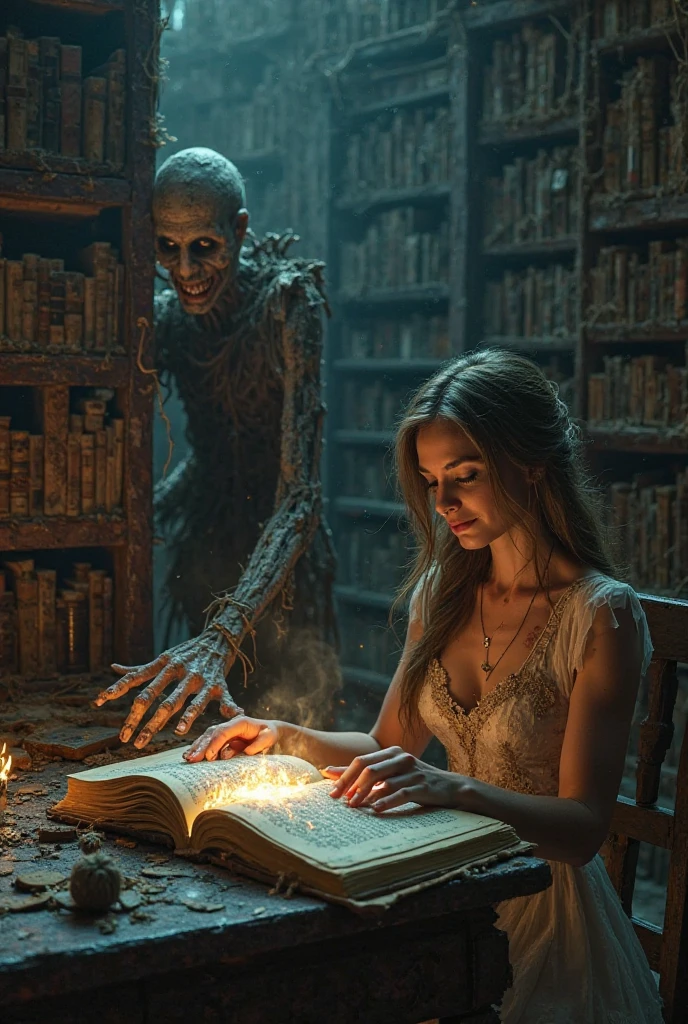 "In a dimly lit, ancient library filled with towering bookshelves covered in dust and cobwebs, a beautiful woman with long, flowing hair and an elegant dress sits at an old wooden table. In front of her is a mysterious, ancient book with intricate symbols glowing faintly on its cover. As she curiously flips through its pages, a sinister presence lurks behind her.

From the shadows, a decayed zombie with hollow eyes and rotting flesh emerges, its bony fingers reaching toward her. Suddenly, dark tendrils of energy extend from the book, wrapping around her wrists. Her eyes widen in horror as the book's pages flip violently, glowing with an eerie light. The zombie lets out a ghastly moan as it grips her shoulders and, with an unnatural force, pulls her toward the book.

She struggles, but the dark magic is too powerful. Her body starts to dissolve into streams of glowing energy, being absorbed into the book’s pages. Her scream echoes through the empty library as she vanishes completely. The book slams shut with a loud thud, its glow fading, leaving only silence. The zombie, now grinning wickedly, slowly vanishes into the shadows, leaving the cursed book resting on the table—waiting for its next victim."**