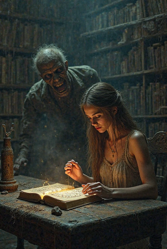 "In a dimly lit, ancient library filled with towering bookshelves covered in dust and cobwebs, a beautiful woman with long, flowing hair and an elegant dress sits at an old wooden table. In front of her is a mysterious, ancient book with intricate symbols glowing faintly on its cover. As she curiously flips through its pages, a sinister presence lurks behind her.

From the shadows, a decayed zombie with hollow eyes and rotting flesh emerges, its bony fingers reaching toward her. Suddenly, dark tendrils of energy extend from the book, wrapping around her wrists. Her eyes widen in horror as the book's pages flip violently, glowing with an eerie light. The zombie lets out a ghastly moan as it grips her shoulders and, with an unnatural force, pulls her toward the book.

She struggles, but the dark magic is too powerful. Her body starts to dissolve into streams of glowing energy, being absorbed into the book’s pages. Her scream echoes through the empty library as she vanishes completely. The book slams shut with a loud thud, its glow fading, leaving only silence. The zombie, now grinning wickedly, slowly vanishes into the shadows, leaving the cursed book resting on the table—waiting for its next victim."**