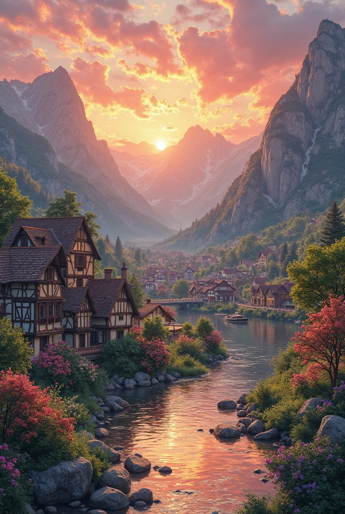 a small village by the river, mountains in the background, floral flowers colorful, detailed landscape, Beautiful natural landscapes, atmospheric lighting, scorching sunset, warm colours, practical, photopractical, Detailed Foliage, complex buildings, cobblestone street, Charming country house, swirly vibrant colors, lush vegetation, Still water reflections, Picturesque, idyllic, work of art, best qualityer, 8k, extremely detaild,anime styling