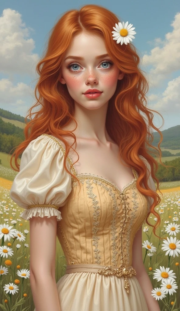A realistic portrait of a  25-years-old woman with ginger hair in soft waves,  with a  daisy in the hair, with light blue eyes , adorned with freckles on nose and cheeks , open lips , minute nose, cream coloured princess dress with a honey coloured bodice with golden embroderies, puff sleeves and chiffon skirt,  fair skin, looking sweetly at the viewer, realistic style, a daisy field with hills and trees in background, large doe sweet eyes, pale red little nose, half lenght, beautiful and enchanting, romance style, freckles high definition