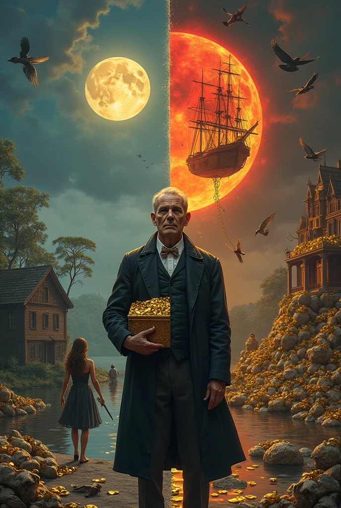 A surreal, highly detailed digital painting divided into two contrasting halves, day and night. In the center stands a middle-aged man in his late 30s, wearing a black 19th-century suit, holding a golden ????? filled with treasure. His face is split between gold and shadow, symbolizing inner conflict and guilt. Behind him, two different worlds:

On the left side, under a glowing full moon, a calm, serene woman stands near an old wooden house, surrounded by trees and a small sailing boat by the river. The atmosphere is peaceful and dreamlike.

On the right side, under a red glowing crescent moon, stands a fancier house surrounded by piles of treasure and gold, some stained with blood. A large 19th-century cargo ship floats unnaturally in the air, tethered to the moon by golden chains.

Money bags, ancient statues, birds, and symbolic objects float around the scene, suggesting wealth, regret, duality, and the cost of ambition. The style is cinematic, hyper-detailed, with dramatic lighting, golden-red tones on the right, and cold blue on the left. The image should evoke emotion, tension, and mystery.
