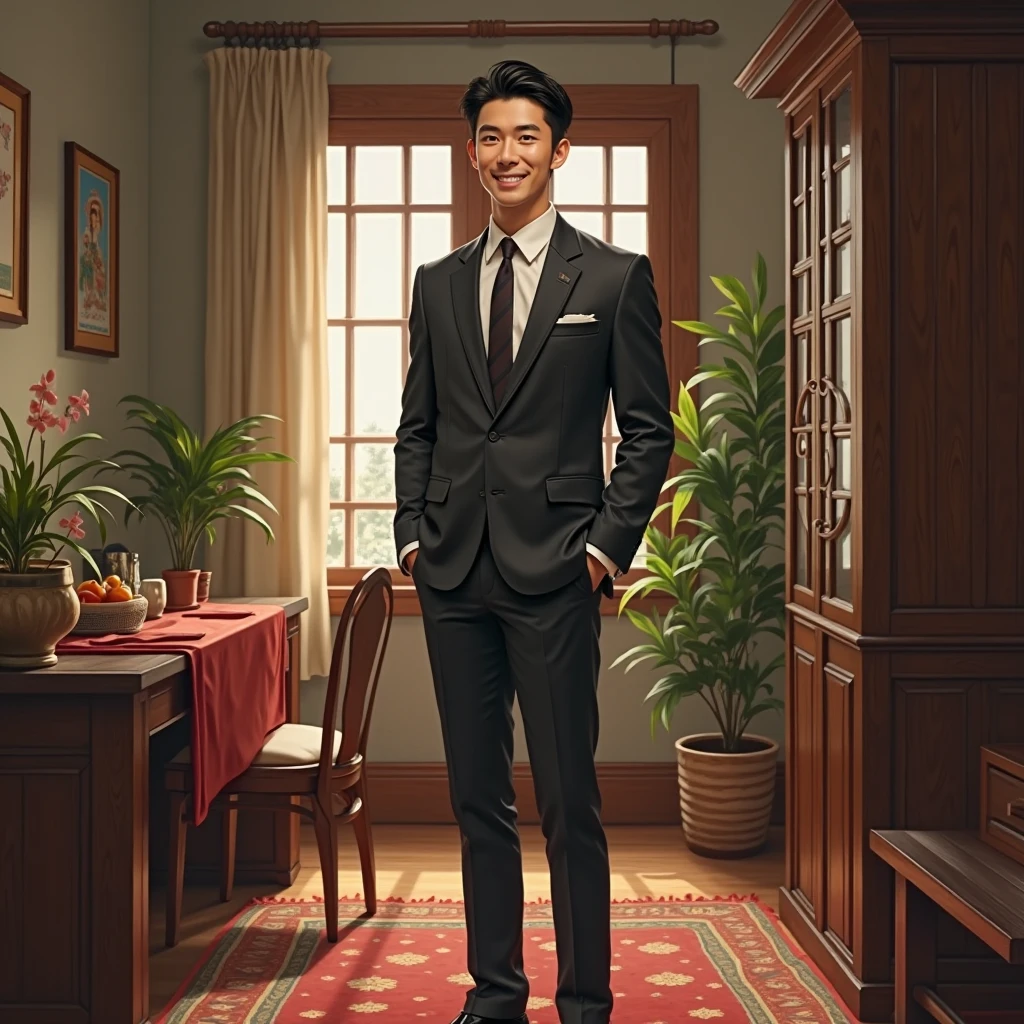 Create an AI image of a handsome guy who looks like he works at Sumitomo Mitsui Bank. Korea. He stay vietnamese home not company.