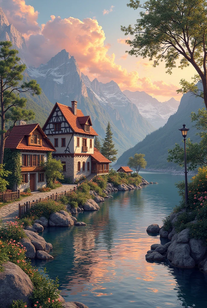 a small village by the river, mountains in the background, floral flowers colorful, detailed landscape, Beautiful natural landscapes, atmospheric lighting, scorching sunset, warm colours, practical, photopractical, Detailed Foliage, complex buildings, cobblestone street, Charming country house, swirly vibrant colors, lush vegetation, Still water reflections, Picturesque, idyllic, work of art, best qualityer, 8k, extremely detaild,anime styling