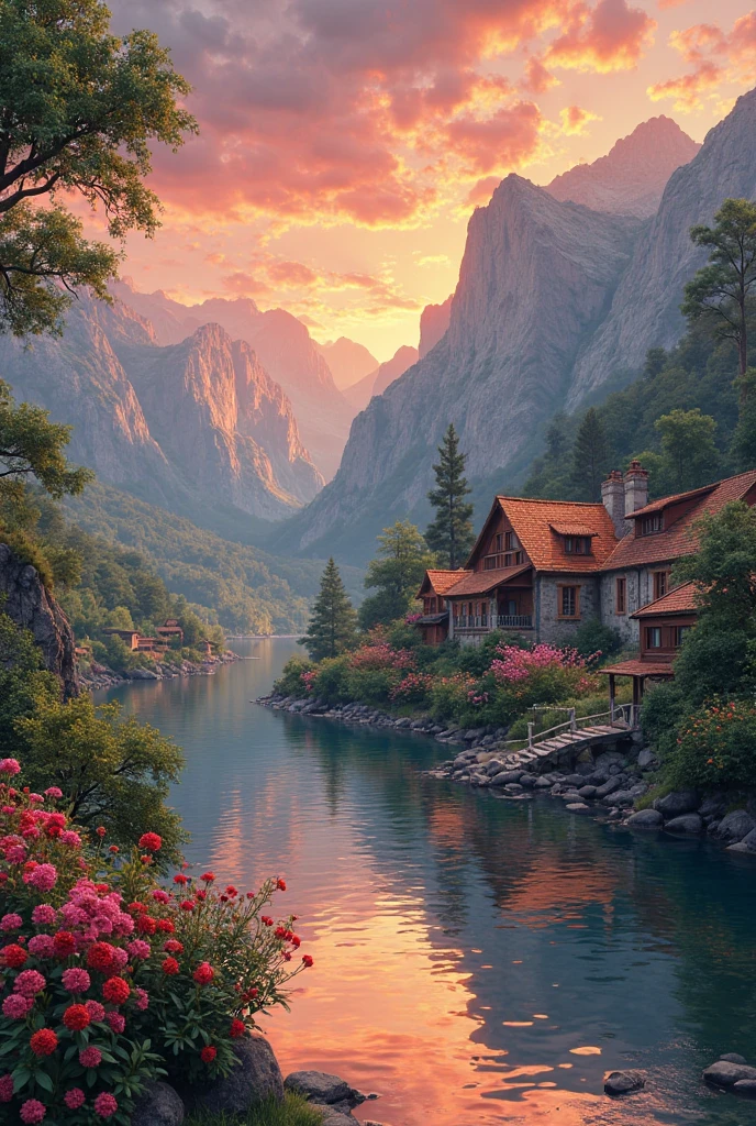 a small village by the river, mountains in the background, floral flowers colorful, detailed landscape, Beautiful natural landscapes, atmospheric lighting, scorching sunset, warm colours, practical, photopractical, Detailed Foliage, complex buildings, cobblestone street, Charming country house, swirly vibrant colors, lush vegetation, Still water reflections, Picturesque, idyllic, work of art, best qualityer, 8k, extremely detaild,anime styling