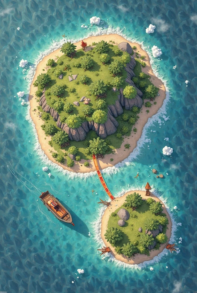 Une photo d'une carte de dessus qui est réalisée comme celle des jeux vidéo, où il y a une grande île au milieu, une petite île à la fin, et un bateau dans le coin de la carte, ainsi que la flèche de direction, et un trajet pointillé en rouge avec 5 points comme stop, et puis un nid sur la petite île à côté de la grande île.
