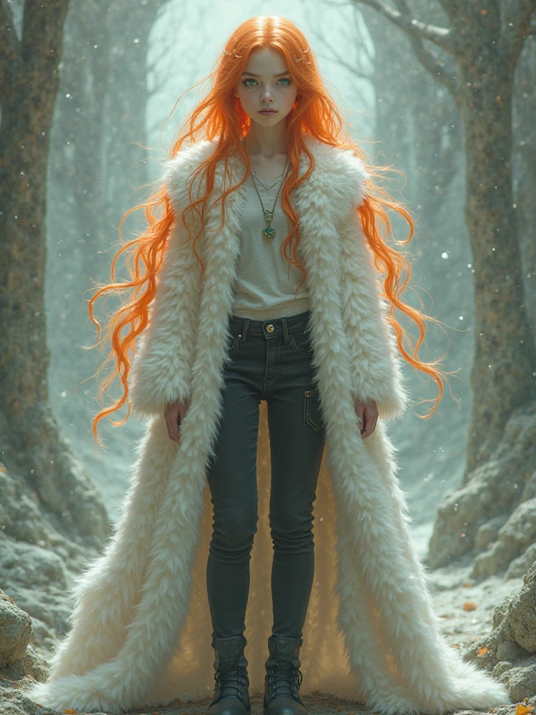 Create a white furry, green eyes, Long orange hair, Lucky gray, black pants and black boots
