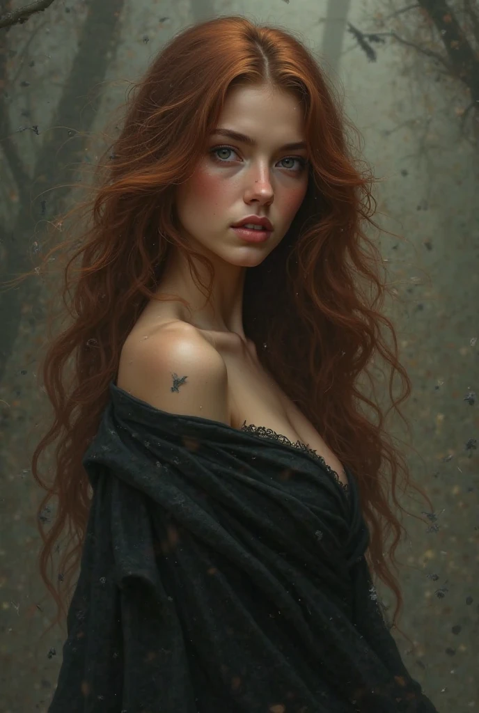 Generate a girl with slightly dark skin, Long wavy brown hair and dressed in black