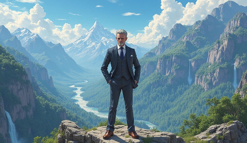 A Wealthy man on mountains explain, anime, illustration,