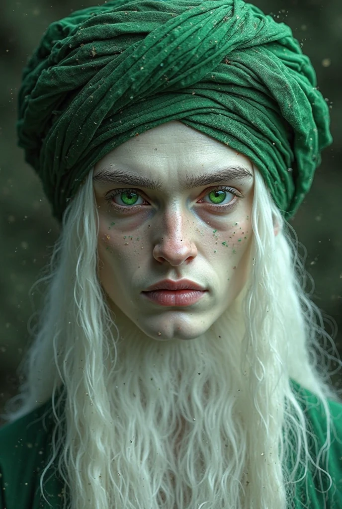 A young man born with a green turban, wide green eyes, a white face, long hair up to his neck, white skin and handsome