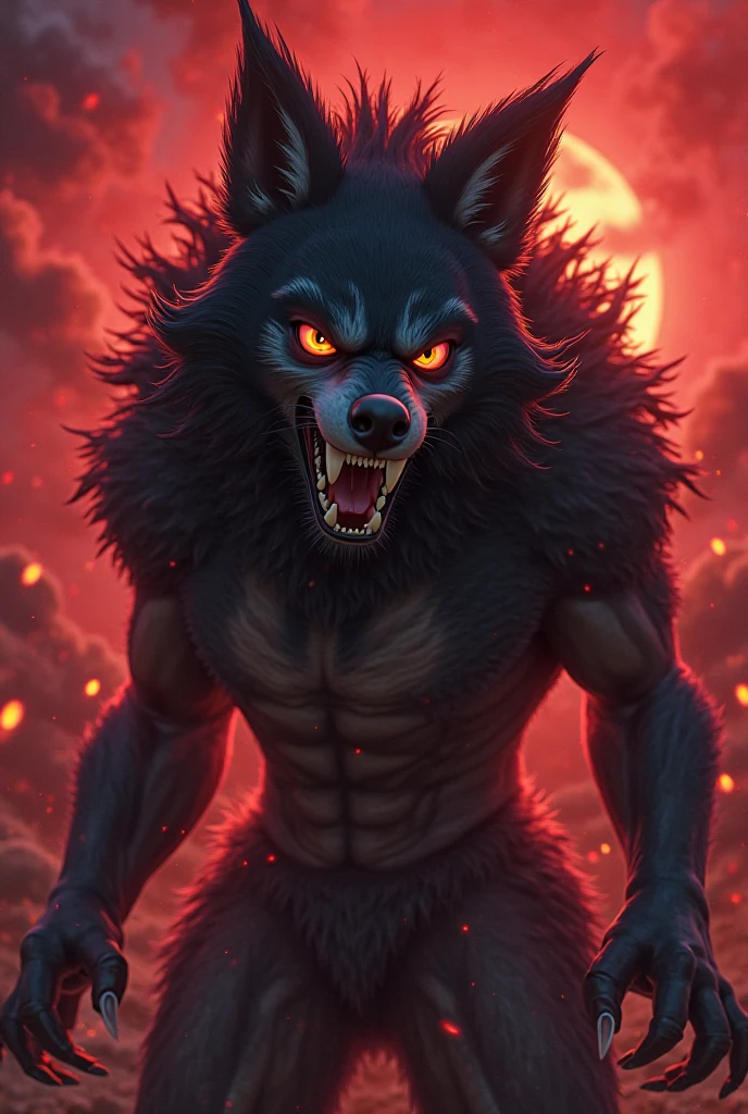 (best quality,16k,32k,highres,masterpiece:1.2),ultra-detailed,(realistic,photorealistic,photo-realistic:1.37),(The ultimate Orochi werewolf) glowing red eyes realistic fire background of totally destroyed mountain alone looking at the camera serious expression. Muscular sexy nude