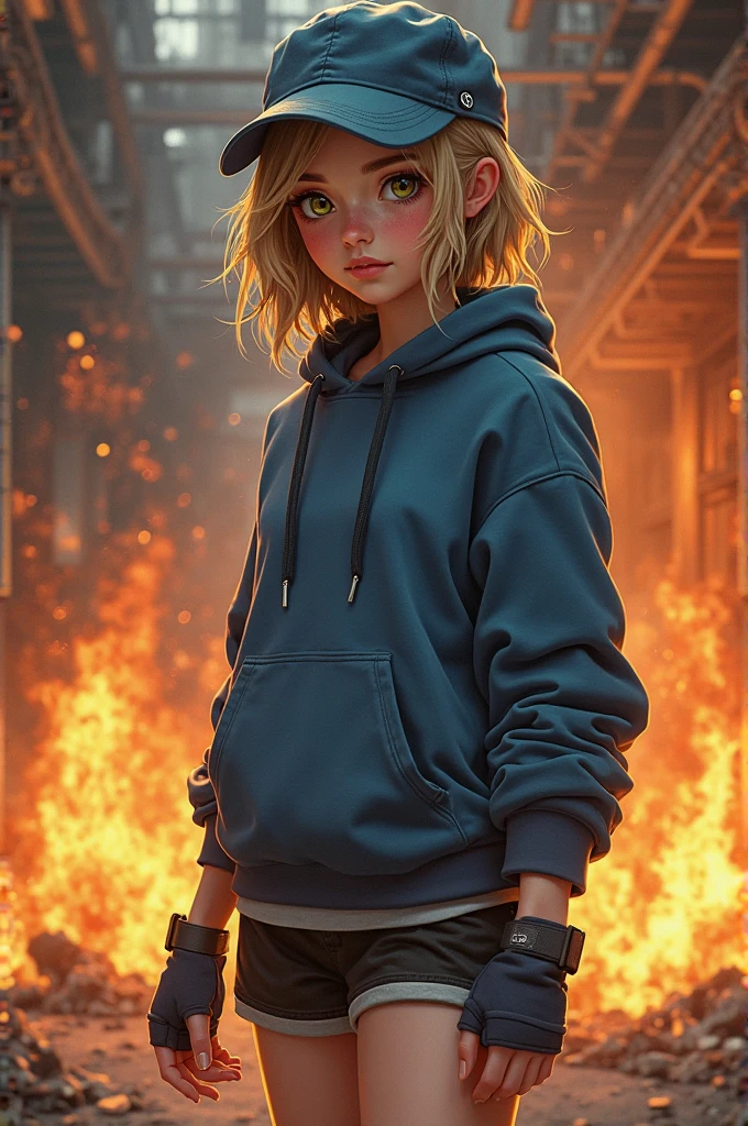 Pyromania Léonie She Wears a Blue Sweatjacket With With Black Short Pant's With Blue Stripes She also Wears a Dark Blue cap,Fingerless Gloves And Has Dark Blue And Abit Black Shoes,Her Hair Colors Are Dark Blond,Has A Mix Of Brown And Green eyes,