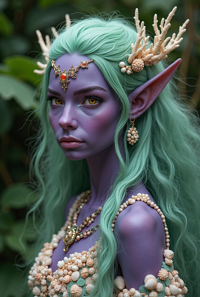 A royal elf with purple skin, green hair, A small coral branch in your hair, beau visage violet, yeux marron, robe uniquement de corail et coquillage, greenery decorations.