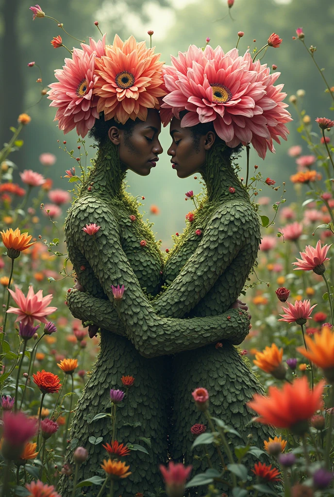 People of the garden turning into flowers themselves—standing tall like tulips and roses with human faces, holding each other, glowing with strength and unity.