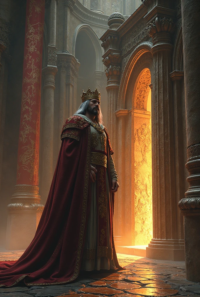 King inside the castle looking at the stone door