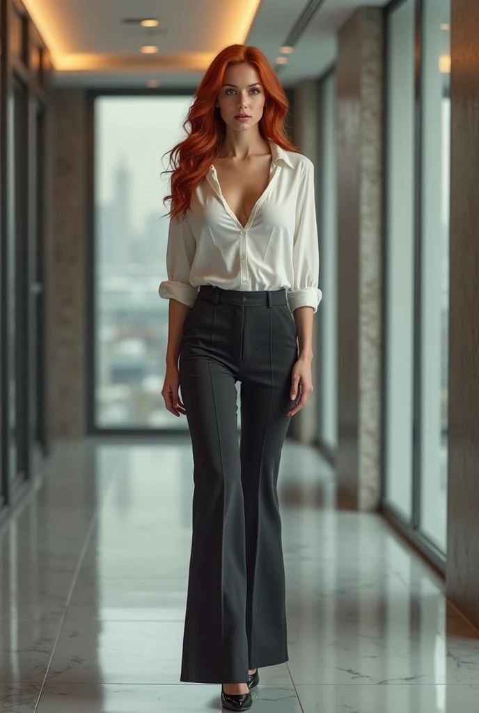 tall thin attractive ginger woman with long legs, blue eyes, messy bob hair, wavy shoulder length hair, tight white blouse and skinny jeans, black high heel pumps, ((show heels)), inviting smile, (peeing self), ((shins wet with pee)), ((jeans gleaming wet with pee)), standing in puddle of pee, (((pee pouring from crotch of jeans))), standing in an office