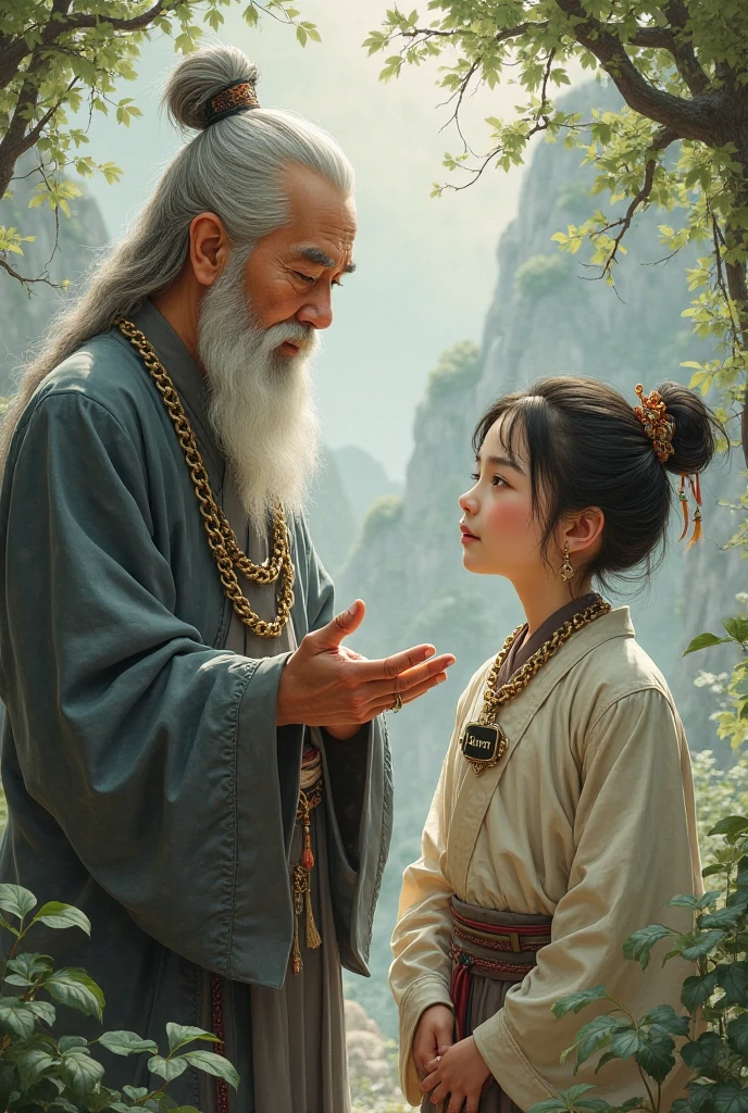 A Chinese wise man trains a young  who lives. The  wears a chain collar that says Aymen