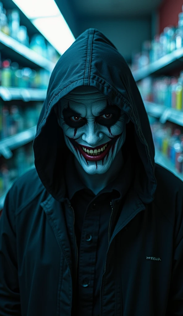 Two friends are hugging, smiling for the photo, and drinking whisky straight from the bottle. One friend is dressed as a er clown with bloons on his clothes and face. He has sharp teeth and glowing eyes. The other is dressed exactly as Ghostface, wearing the exact robes from the horror movie Scream, and is holding a knife. They are both having a lot of fun, but even so, they are frightening to look at. The two are perfectly framed in the image, with no part of their arms cut off, ensuring that the entire scene is visible