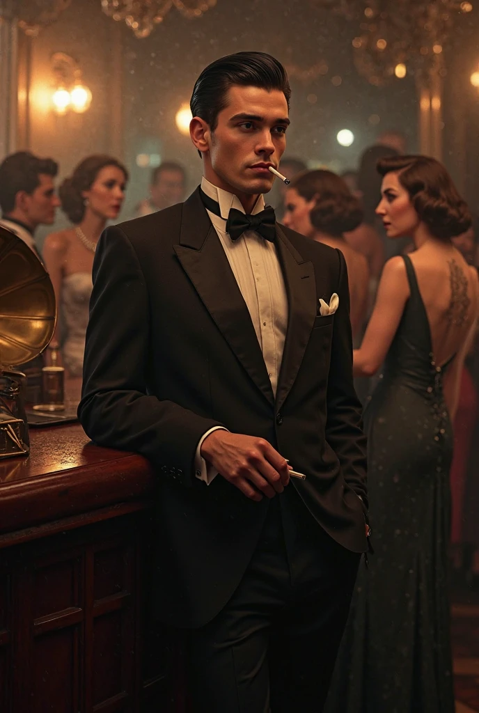 (photorealism:1.2), 1940s, upper class party, gramophone in the background, a basement bar, a young man, handsome, leaning against the bar, smoking a cigarette, hair slicked back, black hair, pale skin, blue eyes, high cheekbones, dark eyebrows, slightly rounder face, Roman nose, in a tuxedo, talking to women with bobbed hair in party dresses, the rest of the room has dancing couples, the room is dimly lit, 