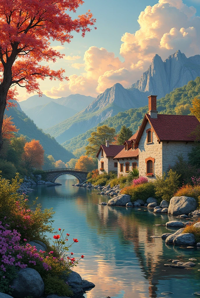 a small village by the river, mountains in the background, floral flowers colorful, detailed landscape, Beautiful natural landscapes, atmospheric lighting, scorching sunset, warm colours, practical, photopractical, Detailed Foliage, complex buildings, cobblestone street, Charming country house, swirly vibrant colors, lush vegetation, Still water reflections, Picturesque, idyllic, work of art, best qualityer, 8k, extremely detaild,anime styling
