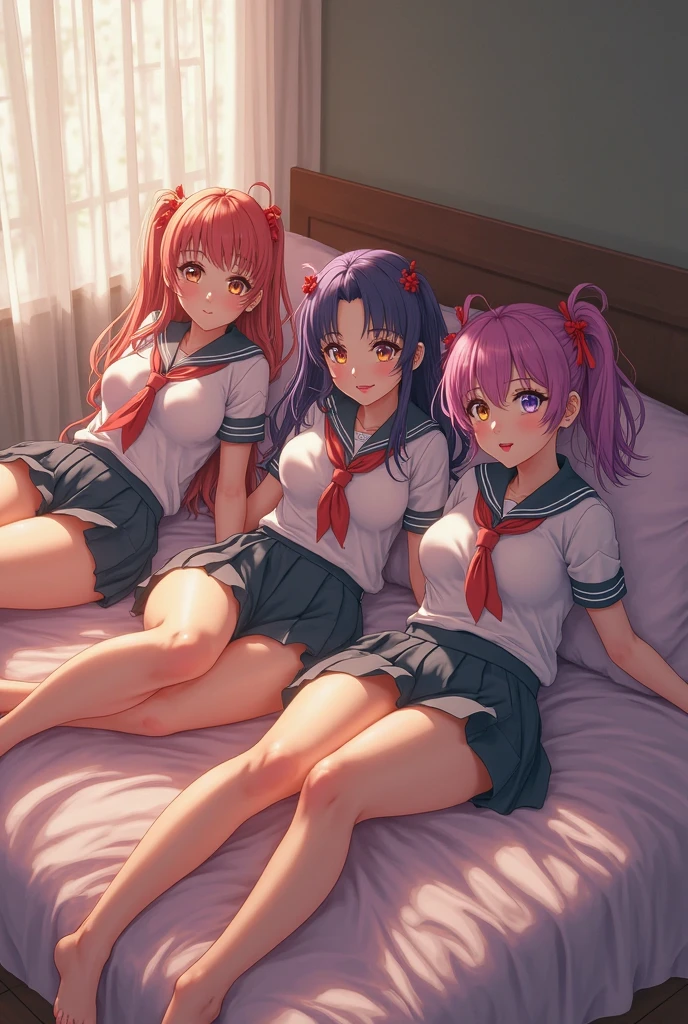 Angle from above、girls sandwich、Three girls are depicted、colorful hair、beautiful girl、highest quality、laughter、beautiful girl、masterpiece、High-definition images、The belly button is visible、colorful school uniform、cleavage exposure、Thigh emphasis、see-through clothes、on the bed