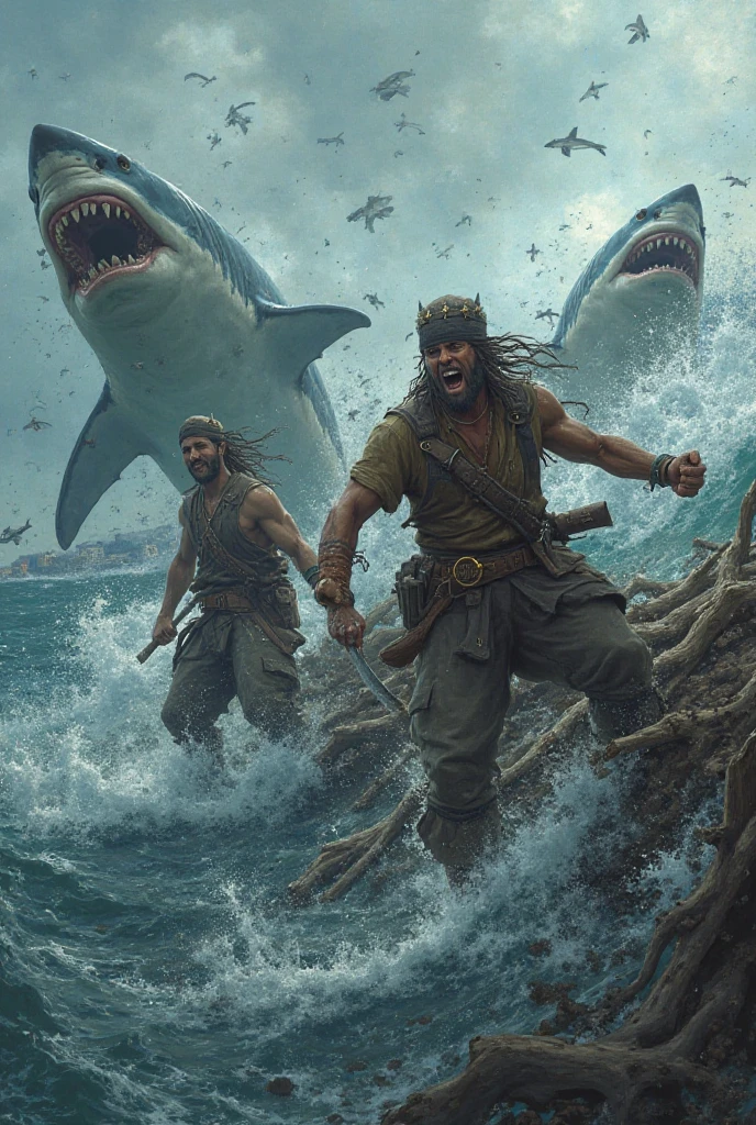 1 God fisherman with blonde curly hair and small muscles ,1 god fisherman with long black and red hair with huge muscles ,1 god fisherman with dark brown afro hair small muscles ,catching hug fish with animated face strong jawline, comic type