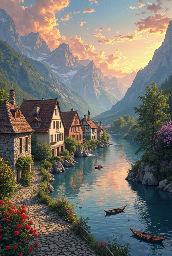 a small village by the river, mountains in the background, fleurs florales colorées, detailed landscape , Beaux paysages naturels, atmospheric lighting, coucher de soleil brûlant, warm colors, pratique, photorealistic, Detailed foliage , complex buildings, Cobblestone street, Charming country house, bright swirling colors, lush vegetation, Reflections of still water, Pittoresque, idyllique, work of art, best quality, 8k, extremely detailed, style anime.