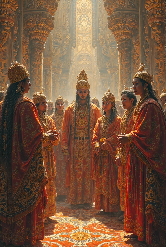 a man with a strong character, surrounded by five wives, dressed in traditional Javanese Majapahit clothing, with eight children consisting of two sons and six daughters, dim lighting, set in the Majapahit kingdom era, realistic