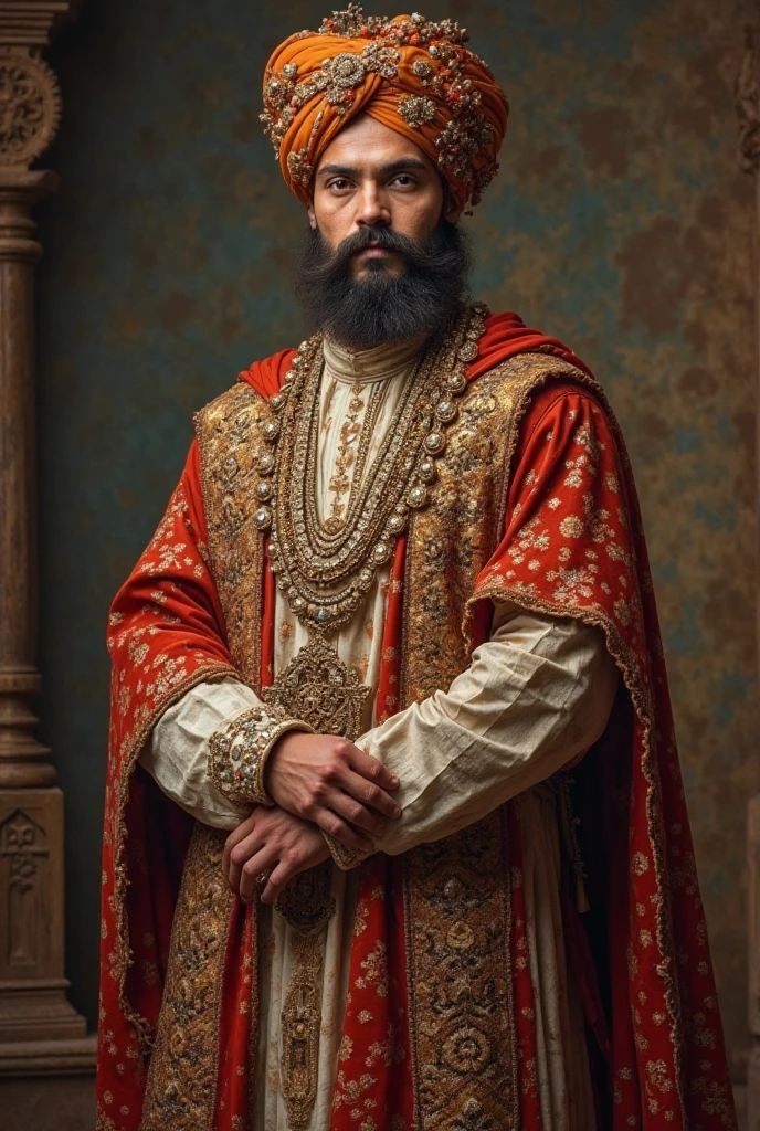 "A young 16th-century king wearing regal attire with a Sindhi cultural touch. His clothes should be intricately detailed, blending traditional 16th-century royal clothing with Sindhi patterns, embroidery, and textile styles, including a turban or crown adorned with jewels. The king's robes should feature rich fabrics, including vibrant colors and intricate designs typical of the period, with a touch of Sindhi craftsmanship such as mirror work or thread embroidery. The first pose is a full front-facing portrait, showing the king in all his regal attire, exuding authority and nobility. The second pose is a full side profile, emphasizing the king's  features and the flow of his ornate clothing. Make sure the full body is visible in both poses, without cutting off any body parts. The background should reflect a historical setting, with a royal atmosphere fitting the era. Both poses should have a sense of elegance and power, highlighting the unique blend of 16th-century and Sindhi royal influences."