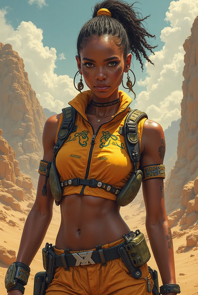 girl in desert with action sport clothes, functional clothes, her clothes are equipped with hanging straps, Breast cleavage showing, straps like for parachuting, face, body portrait, standing, small tits, tiny breasts, breasts covered, natural body, realistic body, grey bra, orange jacket, full body, hair in braids, body portrait, torso covered with transparent material, stomach covered with transparent dark material, pants with high waist covering belly button, small parachute backpack with hanging straps, parachute belt strapped around stomach, Meishu-Sama, johrei, luz divina, diante de um orisonte lindo, com o sol se pondo, with one hand forward, in connection with the divine, foto retrato, Directed by: Drew Tucker, Directed by: Adam Marczyński, Directed by: Alexandre Kucharsky, Directed by: Gavin Nolan, Surrealismo 8K, Directed by: Jason Felix, Yuri Shwedoff e Tom Bagshaw, arte ilustrativa, Estilo Erik Johansson