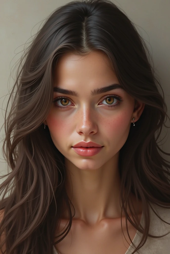 irl with long hair, brown eyes, full lips, black eyebrows
