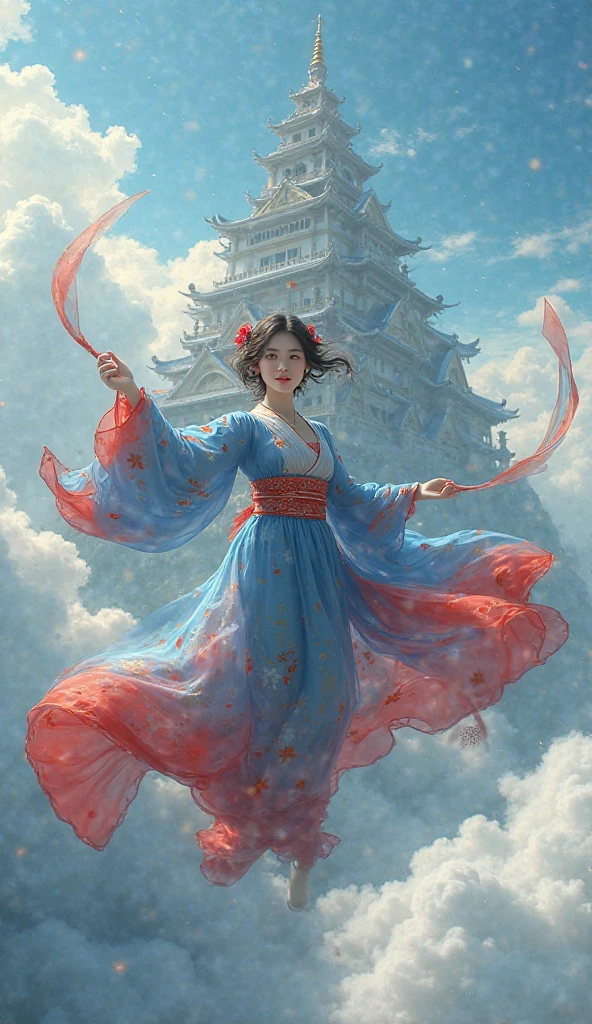 Photography, realistis, Beautiful Indonesian woman wearing blue-red Japanese cosplay dress is flying by waving shawls in front of magnificent castle palace above clouds.