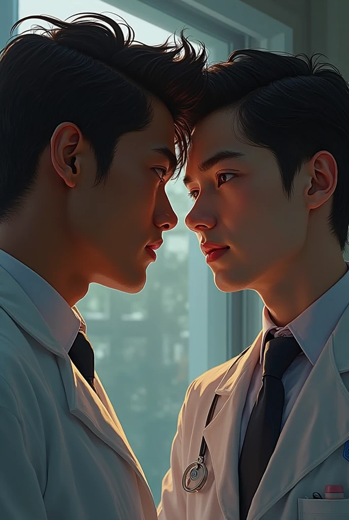 Two young men of 21 years, belos, a negro and a Chinese, pharmacist and doctor respectively, look at each other with great passion and desire.