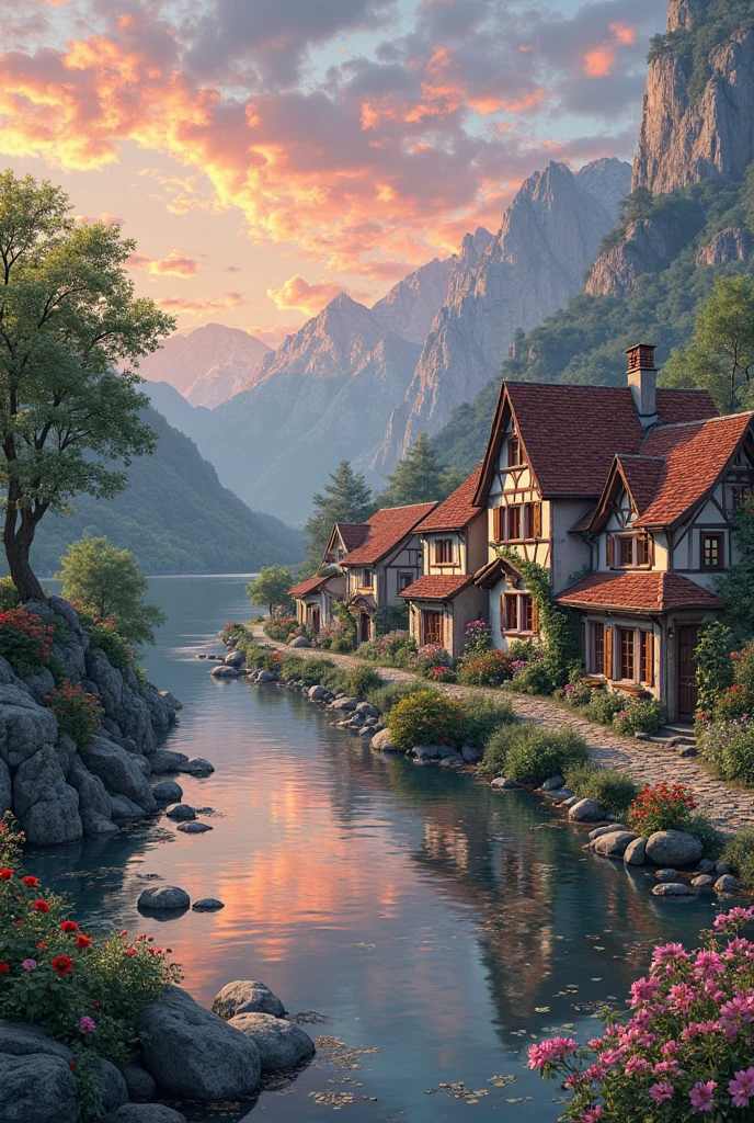a small village by the river, mountains in the background, floral flowers colorful, detailed landscape, Beautiful natural landscapes, atmospheric lighting, scorching sunset, warm colours, practical, photopractical, Detailed Foliage, complex buildings, cobblestone street, Charming country house, swirly vibrant colors, lush vegetation, Still water reflections, Picturesque, idyllic, work of art, best qualityer, 8k, extremely detaild,anime styling