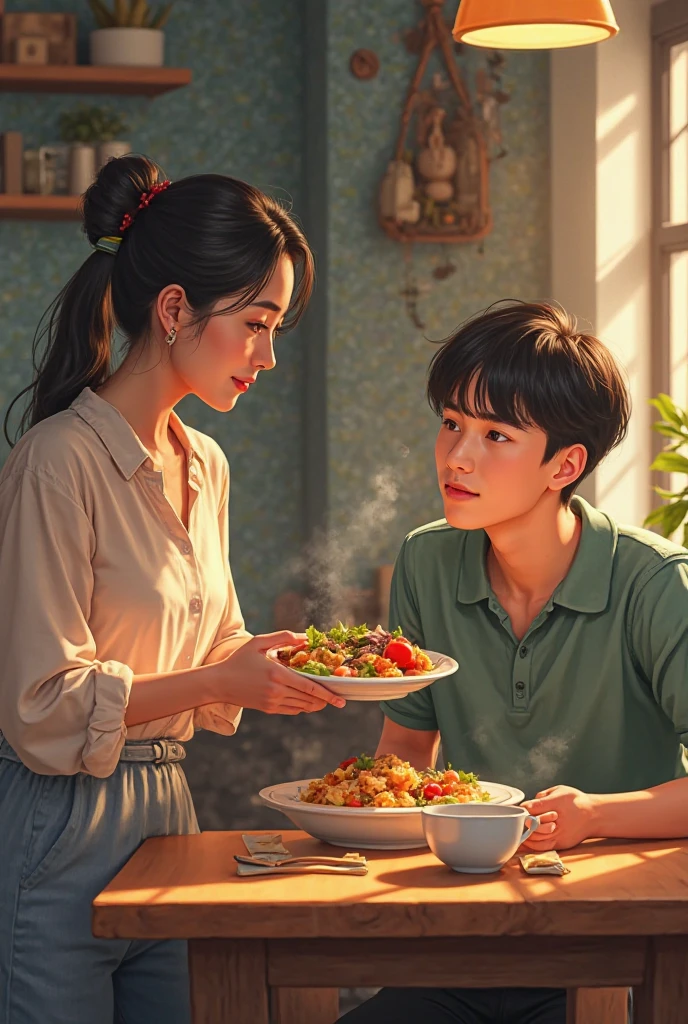 एक लड़की एक लड़के को खाना परोस रही लड़का टेबल पर बैठा