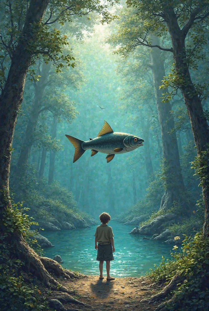 Scene 5 : " Meeting the talking fish "
Location: Near a small lake in the forest .
the event :
On the edge of the lake, Adham meets a big fish that can talk. You tell him: " To find the key to the sea, you have to solve the puzzle : tells him what the sea liberates? "
A short dialogue takes place between Adham and the fish as he tries to understand the answer . After much thought, Adham discovers that the answer is : " Freedom begins from within us ."
The fish gives him advice to communicate with the sea at the crucial moment .