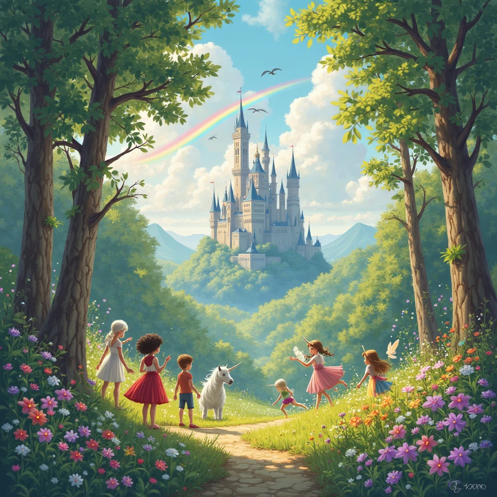Create a bright and magical picture, depicting a world of fairy tales. B the center of the composition is a cozy forest with tall trees and bright flowers. In the foreground are young ren, playing with fairies and mythical creatures, such as unicorns and dragons. In the distance you can see a castle with high towers, surrounded by a rainbow. The atmosphere should be filled with light and joy, To convey a sense of magic and adventure.

