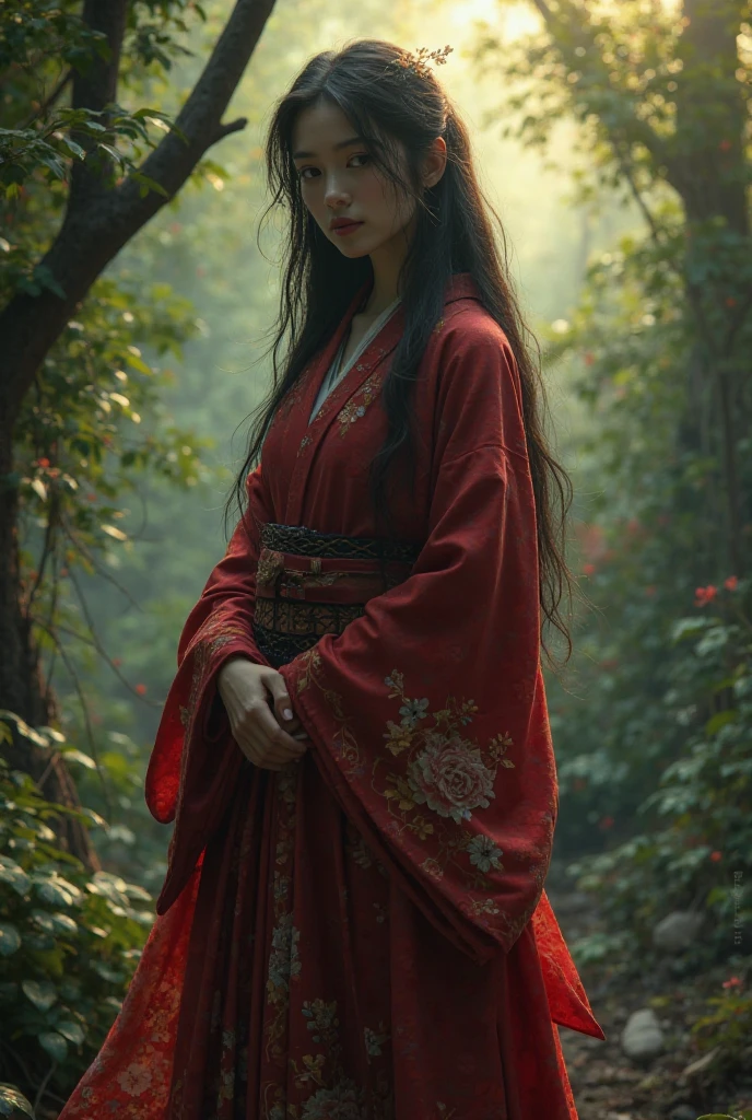 An image with a dark red kimono in a natural environment 
