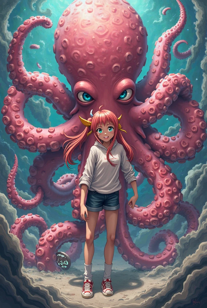 (masterpiece), best quality, high resolution, highly detailed, detailed background, cinematic lighting, super detailed, anime, one girl, alone, Cure Happy, pink hair, (low twin tails under big curled hair), feather hair ornament, skirt. tiara, wrist cuffs, (pink shorts), pink shorts under skirt, boots, grinning, (shiny fabric), cowboy shot, pink jewels, standing, blushing, (beautiful detailed eyes), highly detailed face, perfect lighting, highly detailed CG, (perfect hands, perfect ???????), shiny material, pink ribbon, jewels, latex sheen, dynamic pose.torn kimono, bestiality, on all fours, fish octopus, giant octopus monster, giant octopus monster, giant octopus monster dick, giant octopus monster penis, sex with octopus monster, sex with giant octopus monster, extra thick penis, extra thick cock,  two cocks, two penises, double penetration, hard sex, sex while flying, penis as thick as an arm, cock as thick as an arm, extra thick penis, extra thick cock, (huge penis: 1.6), inside 's pussy, belly swollen with dick, loads of cum, ahegao, outdoors, ocean, in the ocean, under the sea