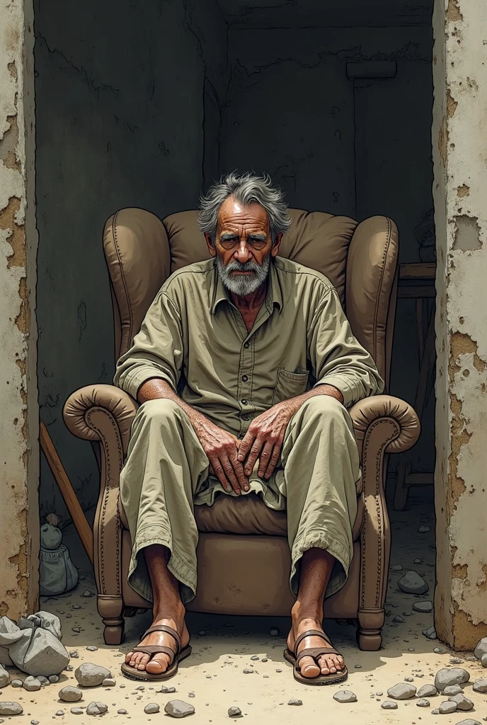 Man with dirty clothes in his house..., loose,  illustration, sitting in a chair
