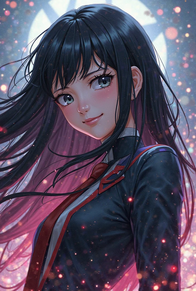 An image of a girl in the My Hero Academia uniform with long black hair and gray eyes 