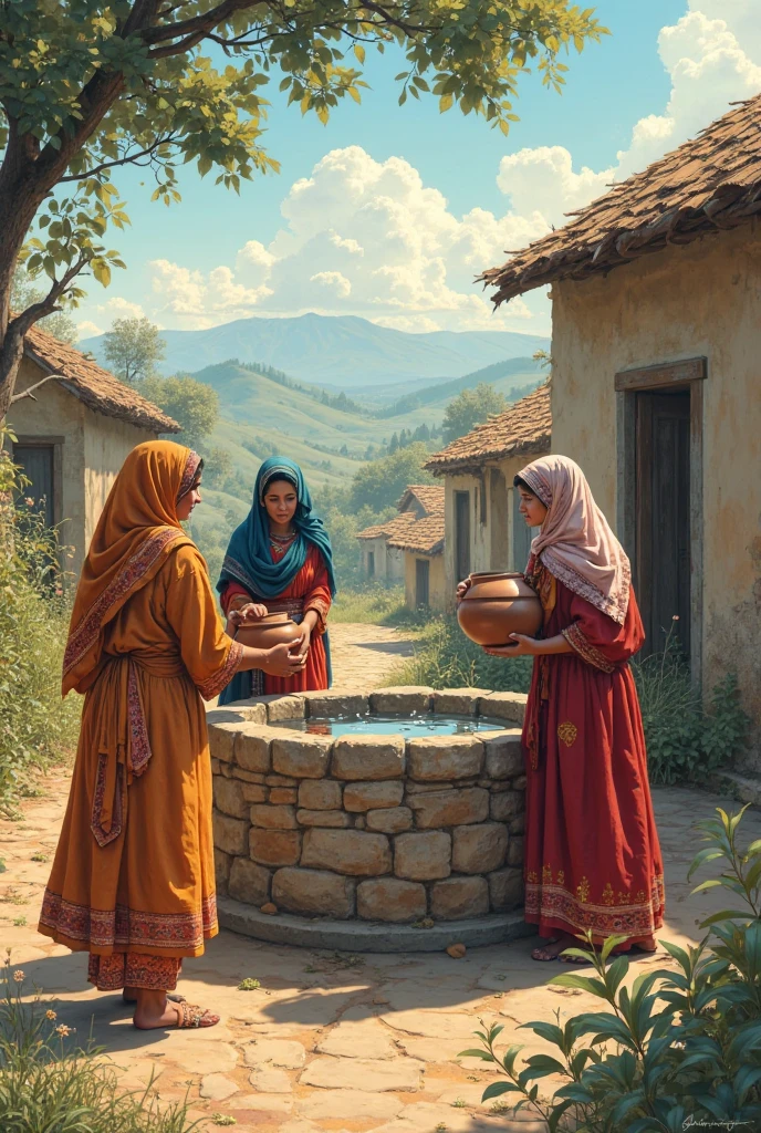 A peaceful village well with three women in traditional clothing filling clay pots with water under the warm afternoon sun