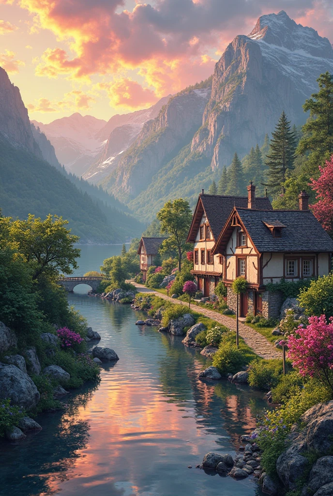 a small village by the river, mountains in the background, floral flowers colorful, detailed landscape, Beautiful natural landscapes, atmospheric lighting, scorching sunset, warm colours, practical, photopractical, Detailed Foliage, complex buildings, cobblestone street, Charming country house, swirly vibrant colors, lush vegetation, Still water reflections, Picturesque, idyllic, work of art, best qualityer, 8k, extremely detaild,anime styling