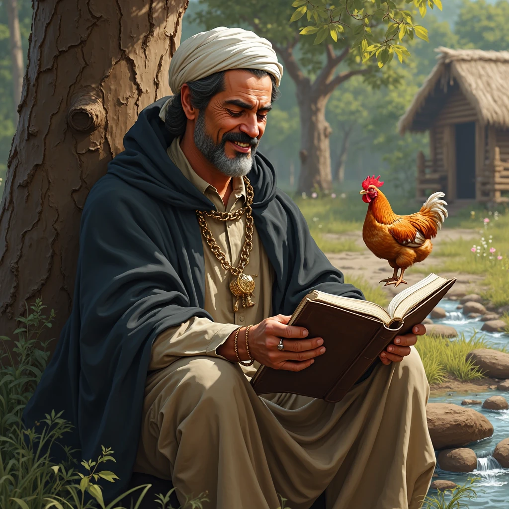 A man with mustaches and a happy face does not wear a ring, gold, bracelets or chains. He shows signs of conviction. He wears Sherwal. He has no hair on his chin or head. He covers his head with a white hat, wears a black cloak, sits in front of a tree next to a hut and reads in 
A brown book with chicken and a stream of water next to it is a realistic picture in high resolution 