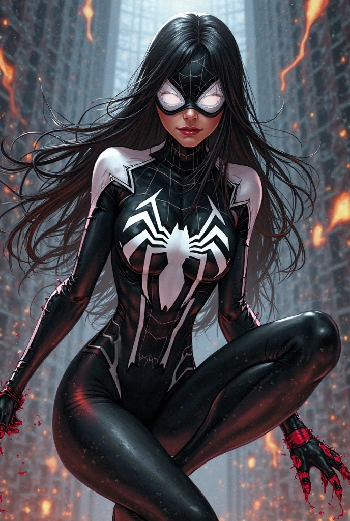 spider woman, All black body-hugging uniform with white webs drawn on top. along with a light, transparent poncho that goes down to the navel with black spider designs. There will be a pendant hanging from the waist with a red thread holding a piece of green jade in the shape of a dragon with a loose red thread