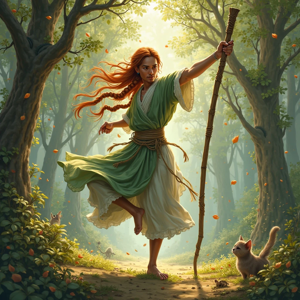 A digital illustration in a naturalistic fantasy style with touches of art nouveau. The palette is composed of earthy tones with bright gold and white details.

In a clearing deep in the heart of a magical forest, energy where sunlight filters through the crowns of centuries-old trees and leaf dances hang in the air, an extraordinary-looking man stands out as an almost mythical figure.

The central figure is a man with striking indigenous features, about 30 years old, with warm skin and penetrating eyes. Her voluminous, slightly orange hair, braided with ribbons natural and small bone and wood beads, he rocks to the rhythm of his movements. His body is thin and slender, carved by effort and discipline, with an elegant posture, almost feline .

His eyes shine with serene confidence and silent arrogance, reflecting both dominance and mystery. Her ears are long and pointed, Like those of elves, its magical aura and ancient.

He wears a druid robe inspired by Greek robes, with a light and fluid shape, in the color moss green with white details that radiate subtle magic. The fabric flows with each turn and jump, revealing his graceful and controlled movement.

With a staff carved from enchanted wood, he performs acrobatic movements,  spinning in the air , resting on a single leg, using the rod as extension of his body. Petals and particles Of light fluctuate at around him as the clearing vibrates with its.

Ao fundo, small and ethereal creatures — like forest spirits — observe in silence, as if witnessing the training of a sacred protector. The surrounding nature seems to accompany his dance with the stick: branches curve slightly, leaves rotate in a spiral, the wind blows in harmony.

The scene captures a moment of absolute connection between body, spirit and forest — where beauty, technique and ancient power are intertwined in a ritual of mastery and self-knowledge.

