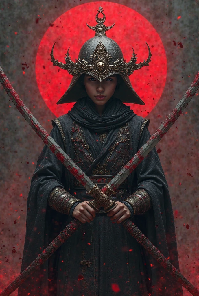 "Elden Ring male character, 18 years old, wearing a majestic half-face helmet, dual katanas with blood effect, dynamic pose, dark fantasy style, red and black color scheme"  