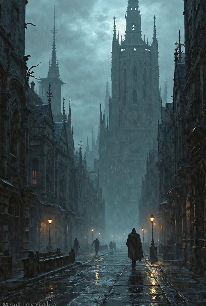 The wet streets of the Gothic city, black buildings, gothic architecture 