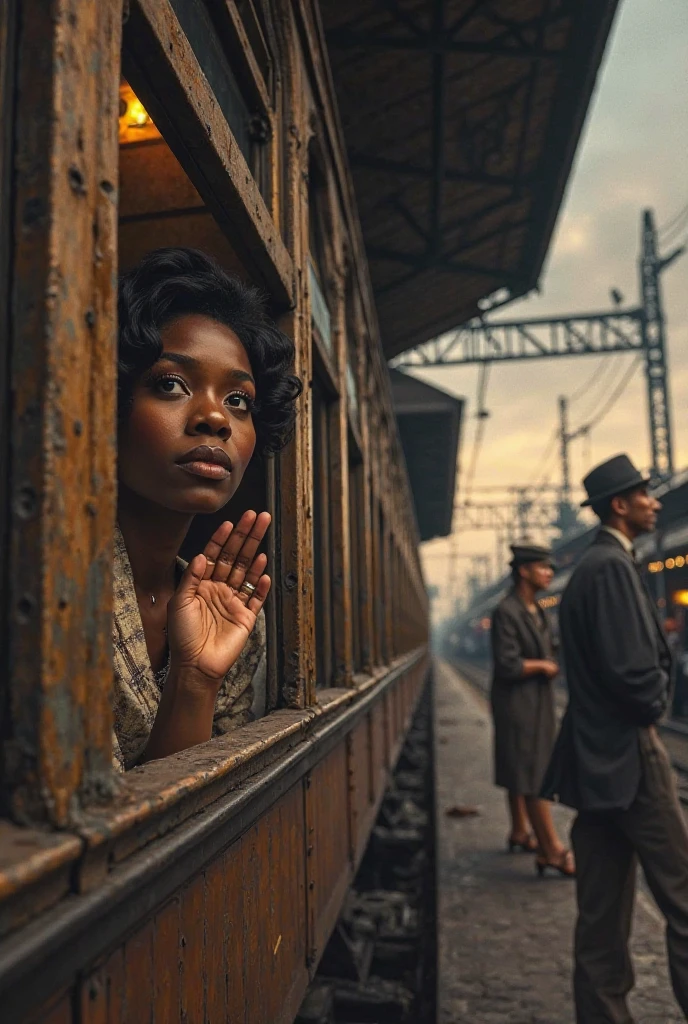 African American woman sitting inside a train, wave goodbye to her husband through the window 